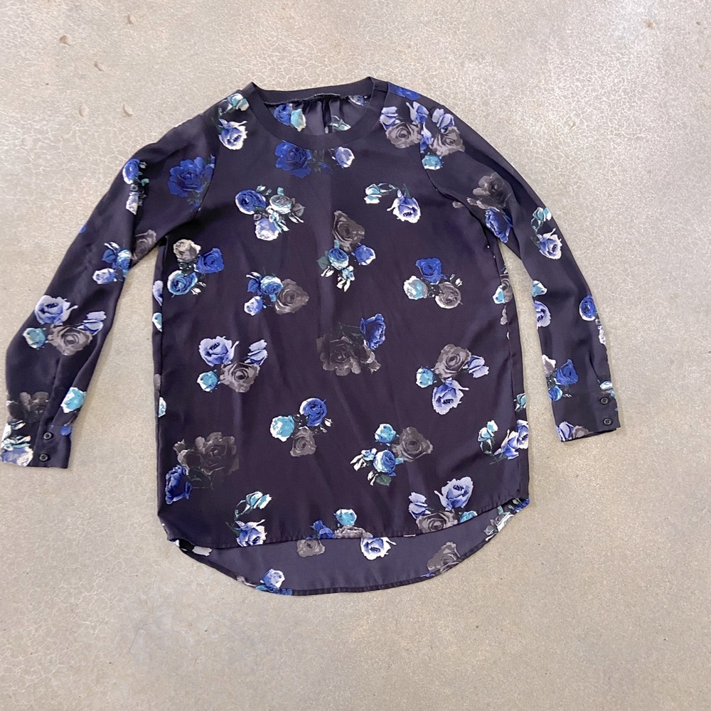THAKOON Floral Flowy Long Sleeve Top Navy